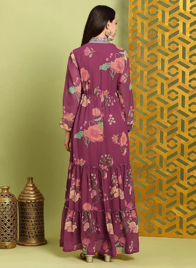 جلو باص فستان ماكسي نسائي بأكمام أسقف مطرزة باللون البنفسجي